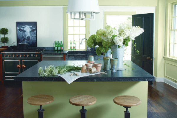 Green Benjamin Moore paint in a colorful, well-appointed kitchen near Detroit, MI