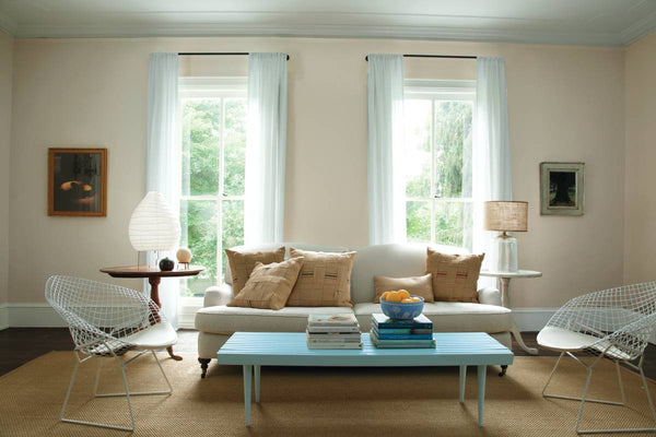 Benjamin Moore tan interior paint in a Detroit, MI, living room during the day