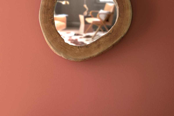 A deep, rusty red living room wall featuring a mirror and a row of books near Detroit, Michigan (MI)